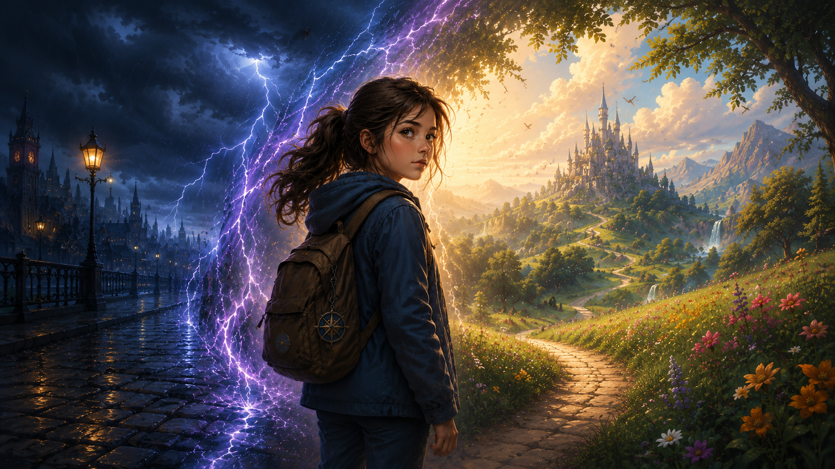 Sophy steht zwischen einer dunklen Gewitterwelt und einer hellen fantastischen Landschaft
