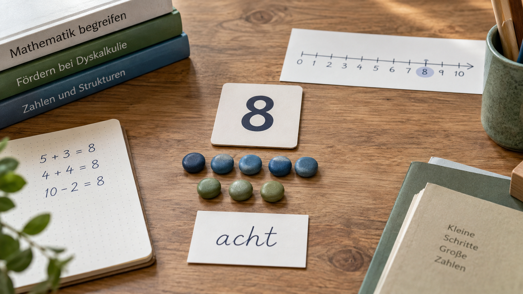 Zahl 8 als Ziffer, Zahlwort, strukturierte Menge und Zahlbeziehungen auf einem Lerntisch