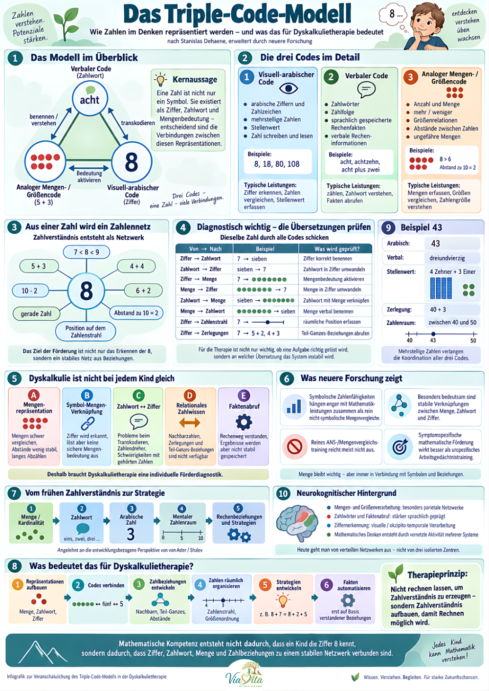 Infografik zum Triple-Code-Modell mit den drei Zahlrepräsentationen, möglichen Schwierigkeiten und therapeutischen Ableitungen